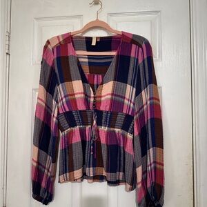 Pilcro Multicolor Women's Plaid V Neck Peplum Top